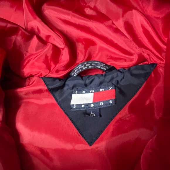 Vintage Tommy Hilfiger Light Weight Hooded Puffer Vest Navy Red Circle Pattern - Picture 14 of 14